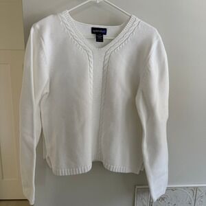 Splendor White Cable Knit V Neck Long Sleeve 100% Cotton Sweater Women L